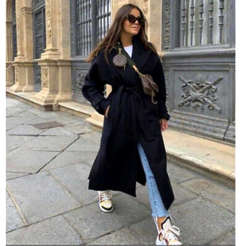 Zara Manteco Wool Long Maxi Black Belted Coat Size Medium